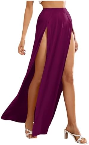 Elastic Waist High Split Wrap Flowy Long Maxi Skirt Purple, Purple