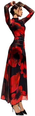 Floral Wedding Guest Dress Long Sleeve Mesh Slimming Cocktail Vacation Maxi