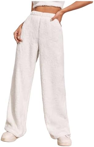 Furry Fuzzy Lounge Pants Casual Straight Leg Long Trousers White Medium