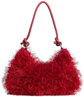 Fuzzy Faux Fur Underarm Bags Shoulder Bag Plush Purse Red One-Size