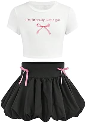 Girl's 2 Piece Bow Outfits Short Sleeve Fitted Crop Tops, Black And White
