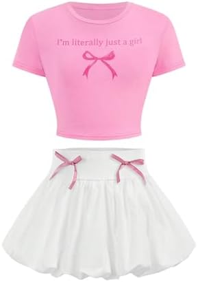 Girl's 2 Piece Bow Outfits Short Sleeve Fitted Crop Tops with Mini Bubble