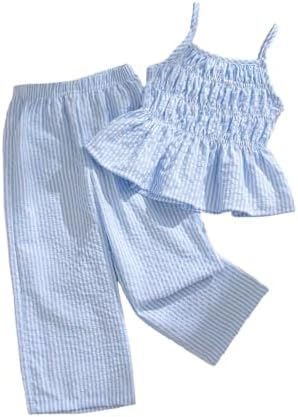 Girl's 2 Piece Coquette Bow Outfits Striped Sleeveless, Light Blue