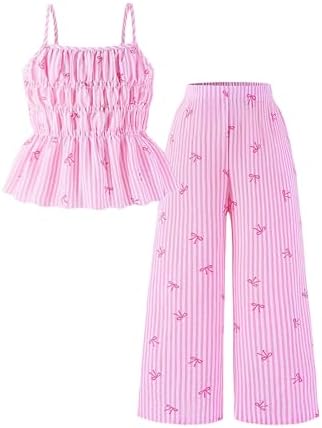 Girl's 2 Piece Coquette Bow Outfits Striped Sleeveless Shirred Peplum Tops