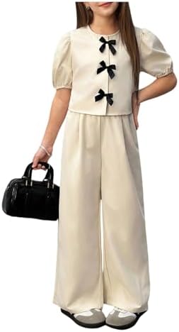 Girl's 2 Piece Coquette Outfits Puff Sleeve Bow Tops and Pants with Pockets