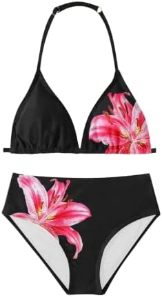 Girl's 2 Piece Cute Bathing Suits Halter Backless Bikini, Black