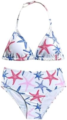 Girl's 2 Piece Cute Bathing Suits Halter Backless Bikini, Blue Pink
