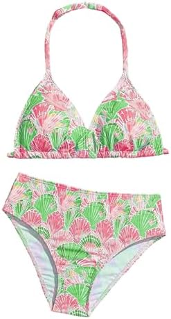Girl's 2 Piece Cute Bathing Suits Halter Backless Bikini, Pink Green
