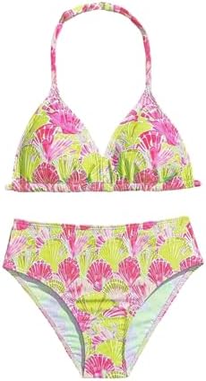 Girl's 2 Piece Cute Bathing Suits Halter Backless Bikini, Pink Yellow