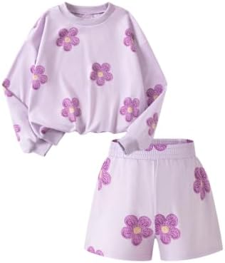 Girl's 2 Piece Cute Outfits Floral Sweatsuit Sweatshirts and Shorts |