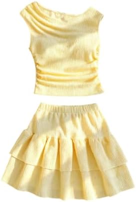 Girl's 2 Piece Matching Sets Ruched Tank Tops with Layered Ruffle Skirt