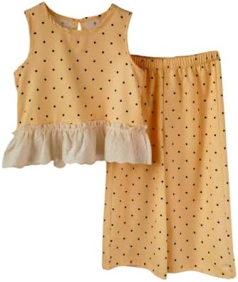Girl's 2 Piece Polka Dots Outfits Ruffle Tank Tops Wide Leg, Yellow