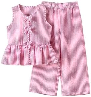 Girl's 2 Piece Summer Outfits Bow Striped Ruffle Peplum, Pink