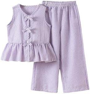 Girl's 2 Piece Summer Outfits Bow Striped Ruffle Peplum, Purple