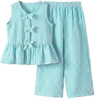 Girl's 2 Piece Summer Outfits Bow Striped Ruffle Peplum Tank Top and Wide Leg