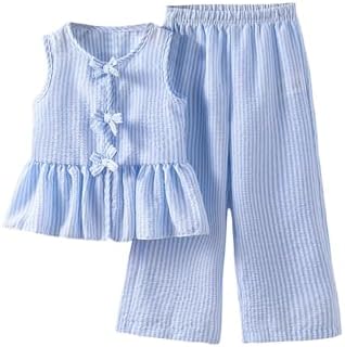 Girl's 2 Piece Summer Outfits Bow Striped Ruffle Peplum Tank Top and Wide Leg