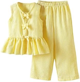 Girl's 2 Piece Summer Outfits Bow Striped Ruffle Peplum, Yellow