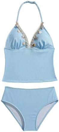 Girl's 2 Piece Tankini Swimsuits Shell Halter Tops Bikini Set with Thong