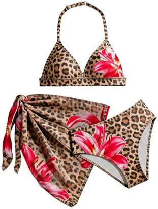 Girl's 3 Piece Bikini Set Floral Halter Top with Cover Up, Brown Leopard