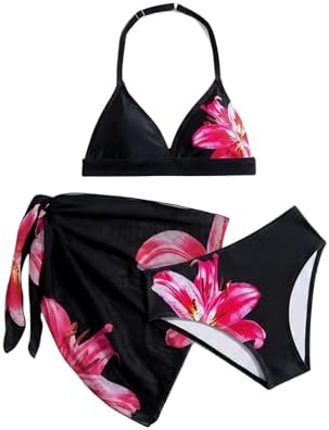 Girl's 3 Piece Bikini Set Floral Halter Top with Cover Up, Black