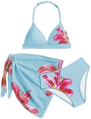 Girl's 3 Piece Bikini Set Floral Halter Top with Cover Up, Blue