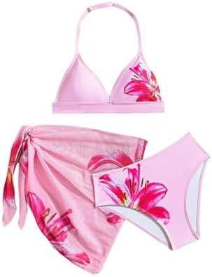 Girl's 3 Piece Bikini Set Floral Halter Top with Cover Up Skirt