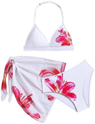 Girl's 3 Piece Bikini Set Floral Halter Top with Cover Up, White