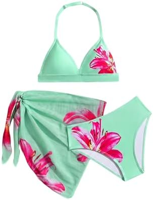 Girl's 3 Piece Bikini Set Floral Halter Top with Cover Up, Mint Green