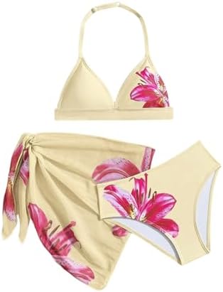 Girl's 3 Piece Bikini Set Floral Halter Top with Cover Up, Pale Yellow