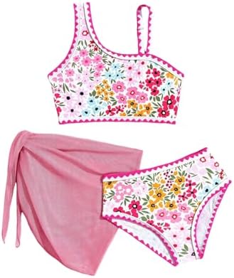 Girl's 3 Piece Boho Floral Swimwear Sunsuits Thong Bikini Set with Cover Up