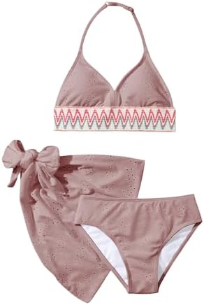 Girl's 3 Piece Cute Bathing Suits Halter Bikini Sets, Dusty Pink