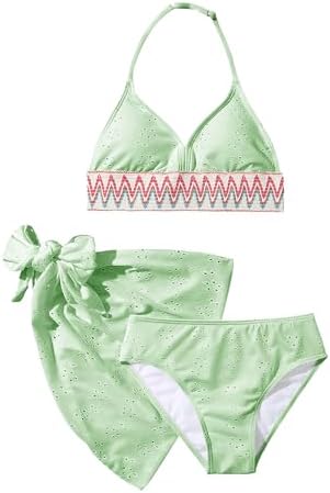 Girl's 3 Piece Cute Bathing Suits Halter Bikini Sets, Mint Green