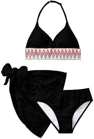 Girl's 3 Piece Cute Bathing Suits Halter Bikini Sets, Black