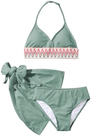 Girl's 3 Piece Cute Bathing Suits Halter Bikini Sets, Green
