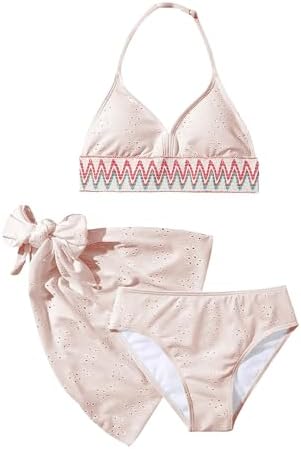 Girl's 3 Piece Cute Bathing Suits Halter Bikini Sets, Pink