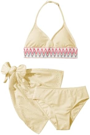 Girl's 3 Piece Cute Bathing Suits Halter Bikini Sets, Yellow