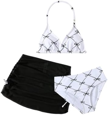 Girl's 3 Piece Cute Bow Swimsuit Halter Triangle Bathing, Black And White