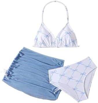 Girl's 3 Piece Cute Bow Swimsuit Halter Triangle Bathing, Blue And White