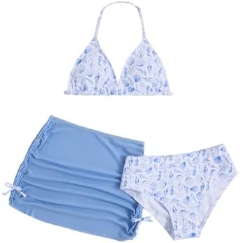 Girl's 3 Piece Cute Bow Swimsuit Halter Triangle Bathing, Blue