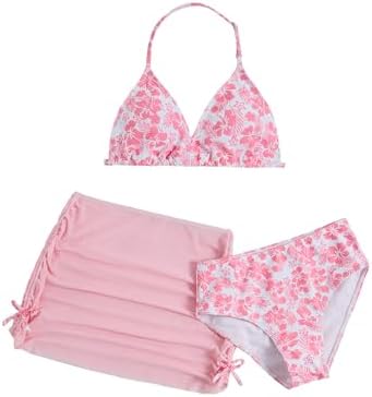 Girl's 3 Piece Cute Bow Swimsuit Halter Triangle Bathing, Coral Pink
