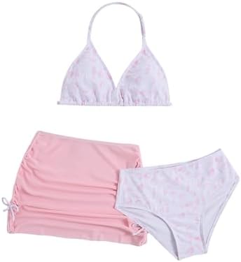 Girl's 3 Piece Cute Bow Swimsuit Halter Triangle Bathing, Dusty Pink