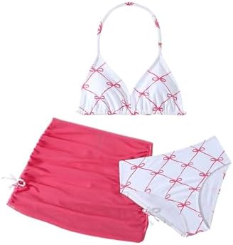 Girl's 3 Piece Cute Bow Swimsuit Halter Triangle Bathing, Hot Pink