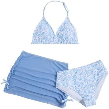 Girl's 3 Piece Cute Bow Swimsuit Halter Triangle Bathing, Light Blue