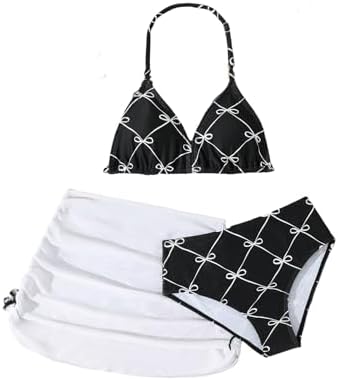Girl's 3 Piece Cute Bow Swimsuit Halter Triangle Bathing, White And Black