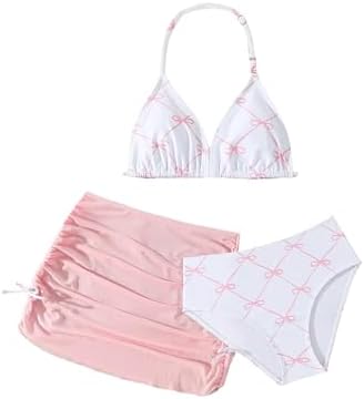 Girl's 3 Piece Cute Swimsuit Bow Bikini Set Halter Triangle High Waisted