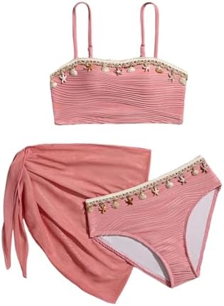 Girl's 3 Piece Swimsuits Seashell Cute Cover Up Skirt, Dark Pink