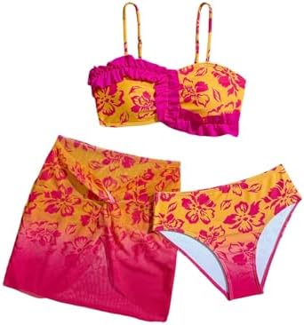 Girl's 3 Piece Swimsuits Seashell Cute Cover Up Skirt, Orange Multi