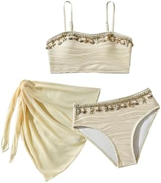 Girl's 3 Piece Swimsuits Seashell Cute Cover Up Skirt, Beige