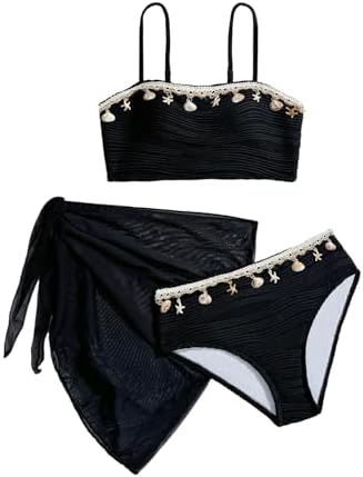 Girl's 3 Piece Swimsuits Seashell Cute Cover Up Skirt, Black