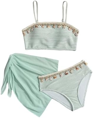 Girl's 3 Piece Swimsuits Seashell Cute Cover Up Skirt, Green